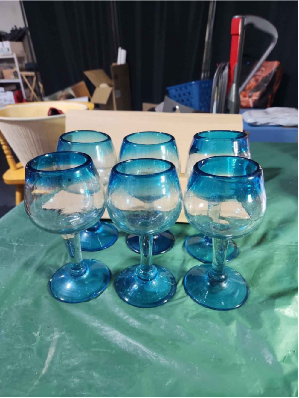 Set of 6 Hand Blown Teal Blue Green Wine Goblets Glasses Aqua